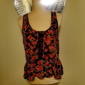 Women's Ambiance Apparel Tank Top Sheer Floral Roses Black Sz M EUC
